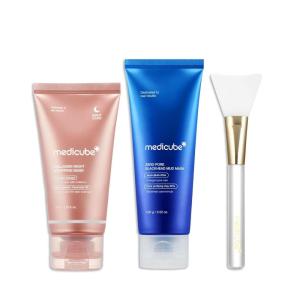 imageMedicube Korean Viral Glass Skin Faical Mask Duo Collagen Overnight Wrapping Peel Off Facial Mask Pack and Zero Pore Blackhead Mud Facial Mask and Jelly Brush