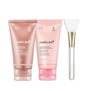imagemedicube Pink Glow Wrapping Mask Duo Collagen Overnight Wrapping Peel Off Facial Mask Pack and PDRN Caffeine Overnight Wrapping Peel Off Facial Mask and brush